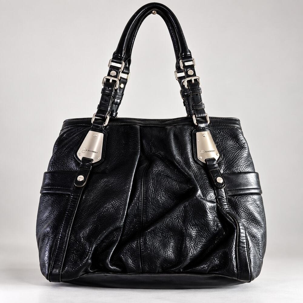 B. Makowsky Black Pebbled Leather Satchel Shoulder Bag Leopard Lining